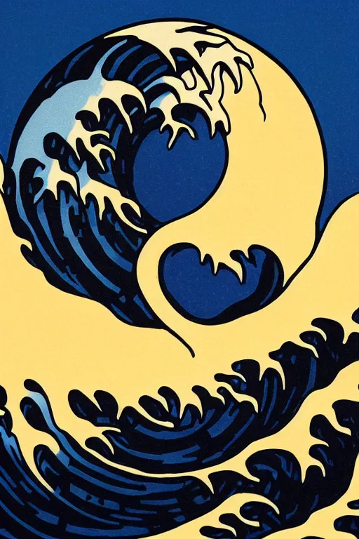 Image similar to Shepard Fairey The Great Wave off Kanagawa, sun in the background