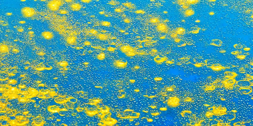 Prompt: a seascape of golden blue liquid and iridescent bubbles floating on the calm water