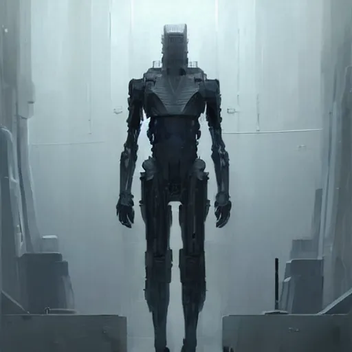 Image similar to concept art by greg rutkowski, a very tall and slender cyborg, standing in front of a large rectangular looking space, high tech and futuristic white walled environment, unnatural lighting, uncanny atmosphere, frightening and creepy atmosphere, scifi, highly detailed portrait, digital painting, artstation, concept art, smooth, sharp foccus ilustration, artstation hq