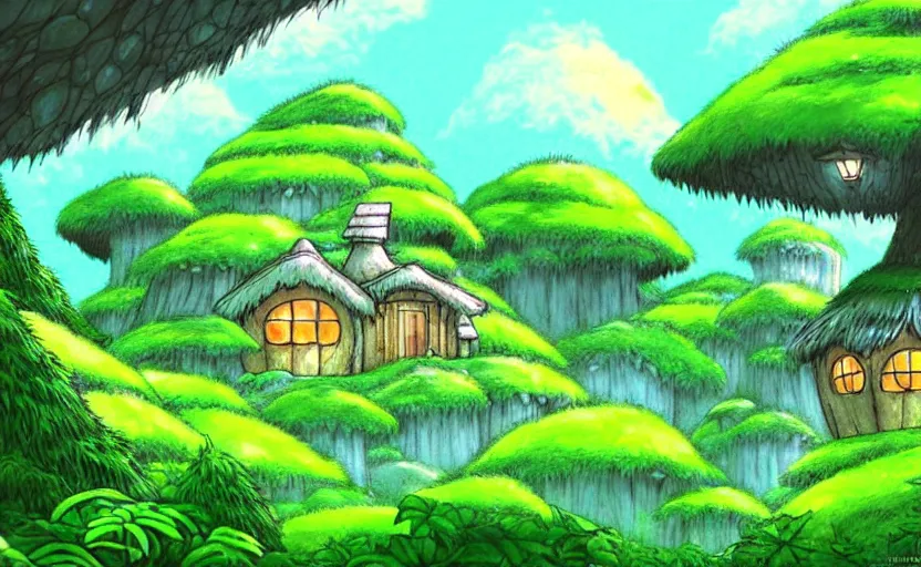 Prompt: lush forest with a cute woodland home, fantasy studio ghibli animated film, fantasy concept art, aesthetic, glob