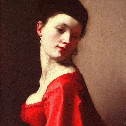 Image similar to sublime portrait of a woman in a red satin dress, very pale, graceful, Vermeer, Bouguereau, Van Dyck, Ingres, Rubens, Carolus-Duran, strong dramatic cinematic lighting, 17th-century, extremely detailed, dark background