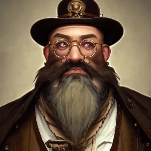 Image similar to Three quarters portrait of a bald male steampunk dwarf with long brown beard, highly detailed, digital painting, art by Stanley Lau and Artgerm and magali villeneuve and Alphonse Mucha, artstation, octane render, cgsociety