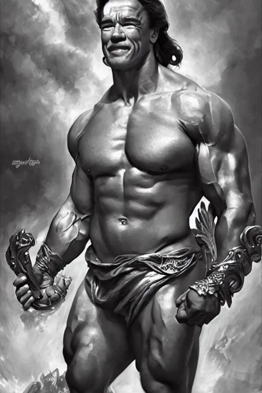 Image similar to arnold schwarzenegger as a greek god, detailed, 8 k, trending on artstation, smooth, sharp focus artwork by mark arian, artgerm, mark keathley, greg rutkowski and alphonse mucha