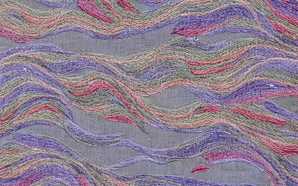 Image similar to wave, particle, synth, frequencies, pattern, osciliation. wave-particle duality. japanese embroidery.