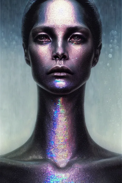 Prompt: pearlescent! black lilith! the mother of all creatures! stares into the void, covered in iridescent glitter!! ripped skin, raining ash, fine art masterpiece, highly detailed dino valls wayne barlowe machiej kuciara, dramatic lighting, medium shot, side angle, uhd 8 k, sharp focus