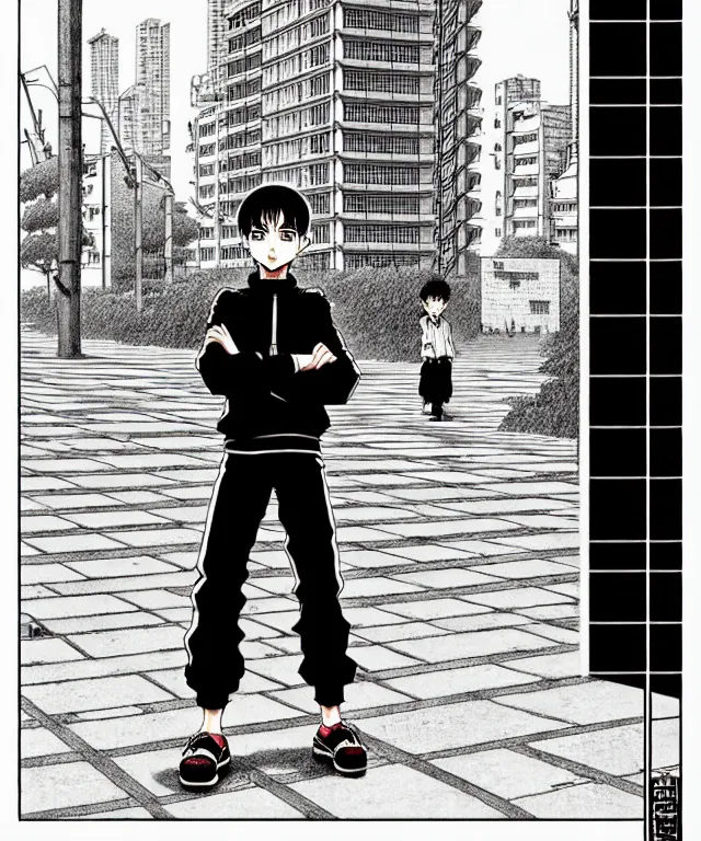 Prompt: A manga cover about a shaved-headed solo gopnik standing on the sidewalk. Sharp high quality manga cover, fine details, straight lines, architecture in the background, masterpiece, art, highly detailed drawing by Hirohiko Araki, Akatsuki Akira, Kentaro Miura