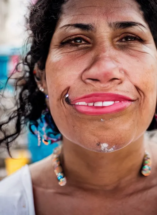 Prompt: close up portrait of a beautiful, real 30-year-old Cuban woman, happy, candid street portrait in the style of Martin Schoeller, award winning, Sony a7R