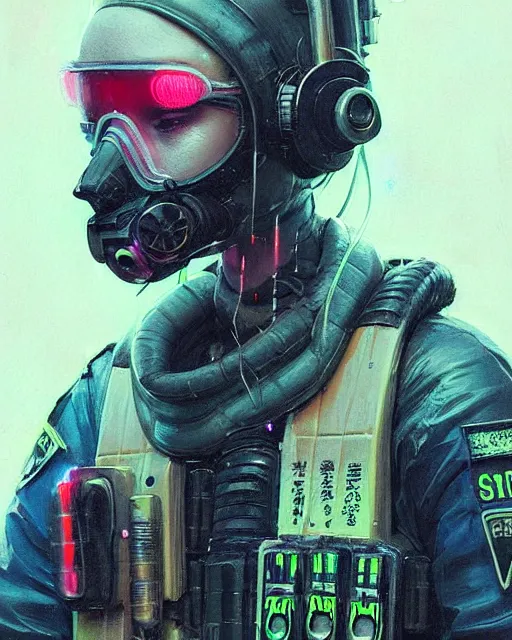 Image similar to detailed portrait neon female swat officer, cyberpunk futuristic, neon, futuristic face mask, reflective puffy coat, decorated with traditional japanese by ismail inceoglu dragan bibin hans thoma greg rutkowski alexandros pyromallis nekro rene margitte, fire & smoke, illustrated, perfect face, fine details, realistic shaded, fine - face, pretty face