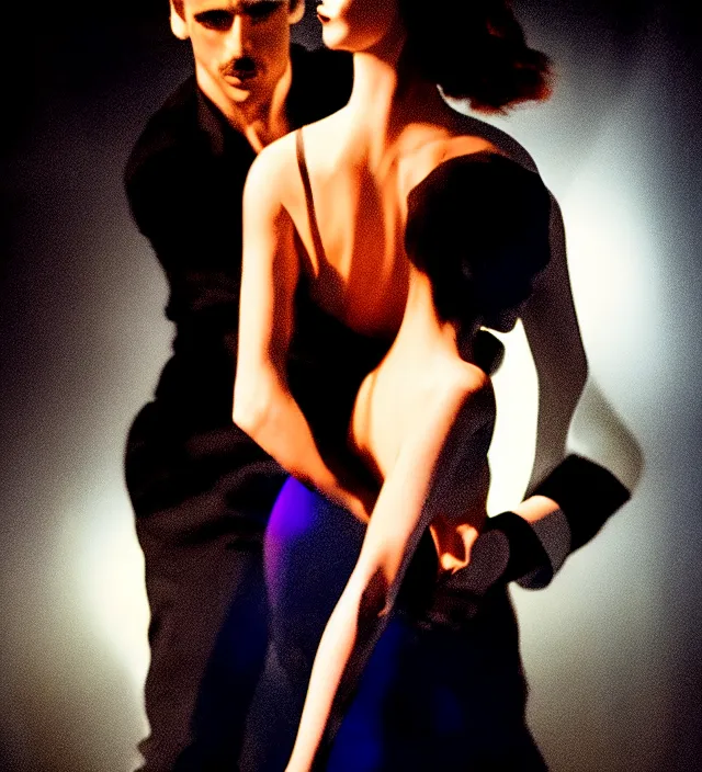Prompt: la la land unseen film scene of gaz station by night starring seductive actress doing tango dancing, with stylish colorfull makeup and fluid cloth. intriguing soft back lighting, highly detailed, skin grain detail, photography by paolo roversi, nick knight
