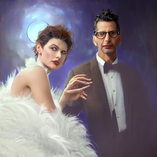 Image similar to hyperrealistic portrait of a man as jeff goldblum posing to noir moon in a white swan dress wearing sapphire jewellery with long feather collar by jeremy mann and alphonse mucha, fantasy art, photo realistic, dynamic lighting, artstation, poster, volumetric lighting, very detailed faces, 4 k, award winning