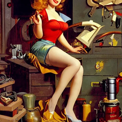 Image similar to gadget hackwrench in her workshop by gil elvgren