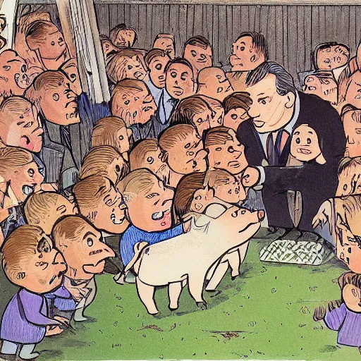 Image similar to pig slaughter with hungarian prime minister viktor orban, highly detailed children book illustration from 1 9 7 0