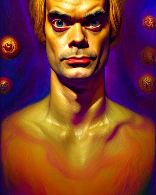Prompt: portrait of bill hader, unusual beauty, etheric, outworldly colours, emotionally evoking symbolic metaphors, head in focus, fantasy, ornamental, intricate, elegant, highly detailed painting style photo, artstation, concept art, painterly, golden ratio, sharp focus, illustration, art by john william godward and leonora carrington,
