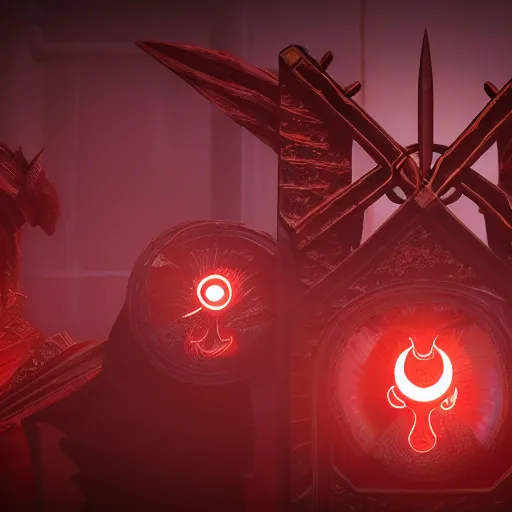 Image similar to full shot of a symmetrical game - icon of horror medieval swords crossed, red powerful fantasy epic legends, game icon stylized, digital illustration radiating, a glowing aura, global illumination, ray tracing, 8 k high definition, intricate details, octane render, unreal engine, trending on arstation