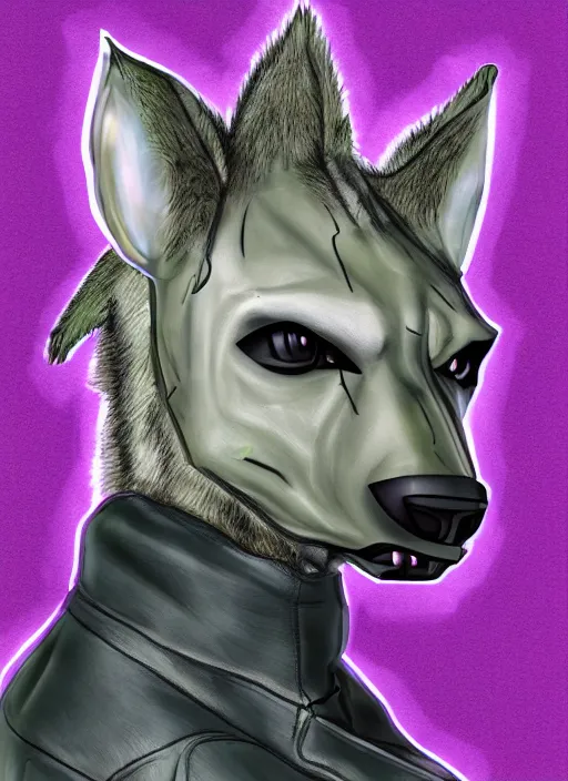 Image similar to cell shaded digital drawing of anthromorphic hyena female, fursona, furry fandom, neon rainy cyberpunk setting, anthro, wearing cyberpunk leather jacket, detailed face,