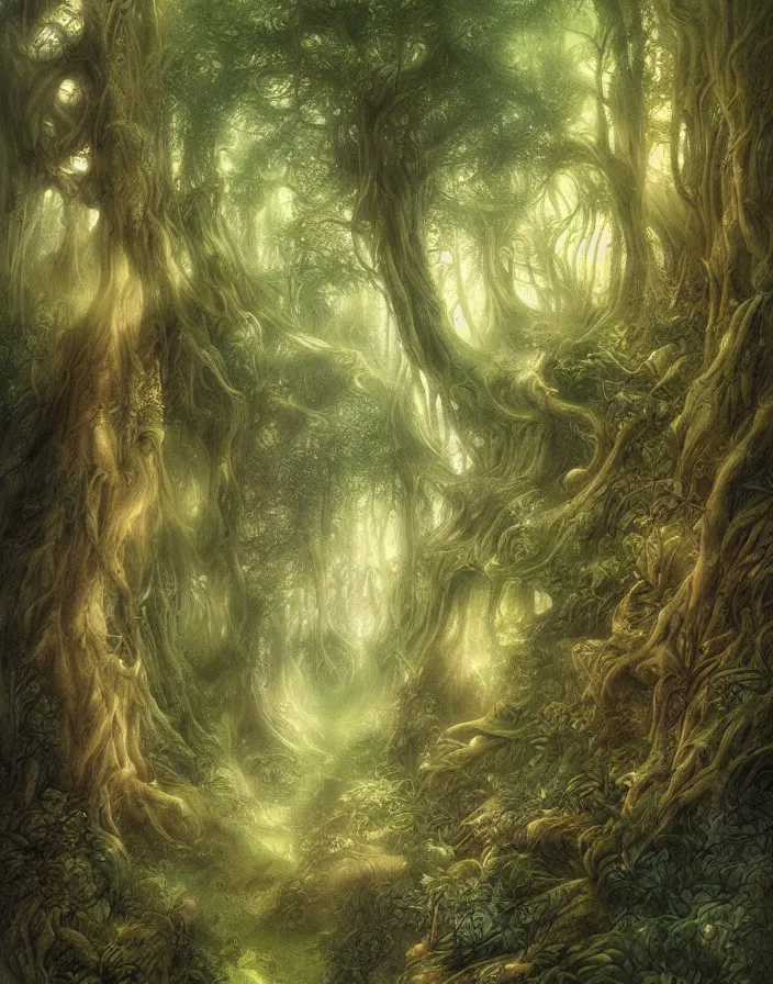 Prompt: A highly detailed painting of a forest by Tony Diterlizzi and Brian Froud, cinematic, breathtaking, beautiful composition, volumetric lighting, painterly