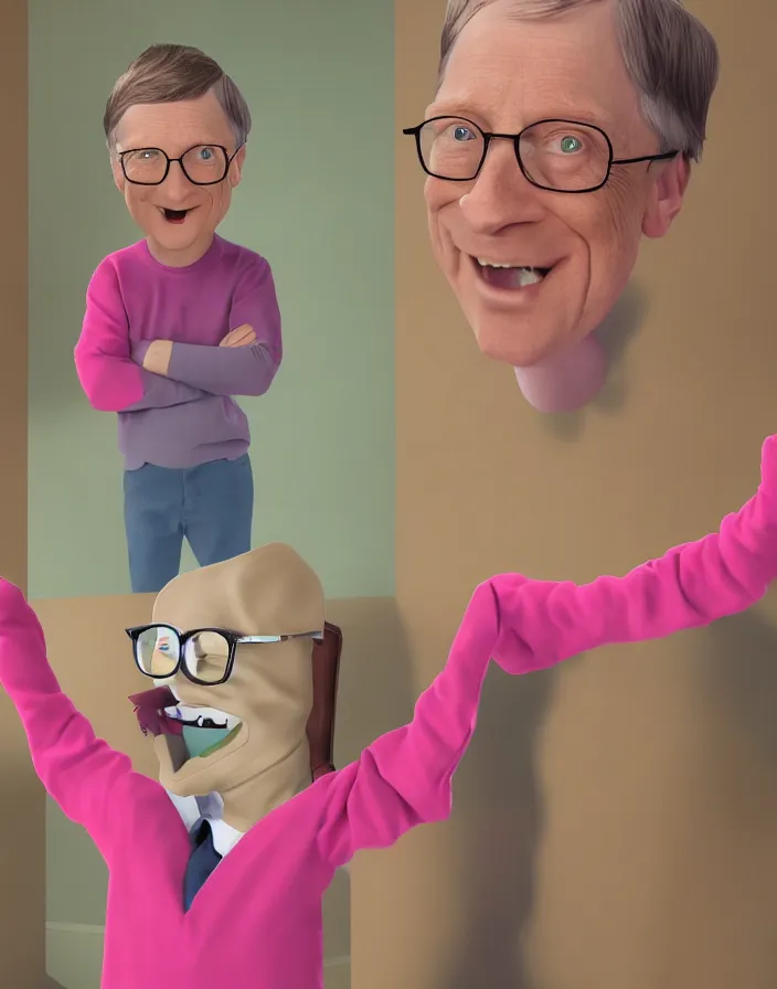 Image similar to candid 90s photoshoot of bill gates evil sock puppet wearing a pink sweater, dynamic lighting, photorealistic, stunning visuals, creative, cinematic, ultra detailed, trending on art station