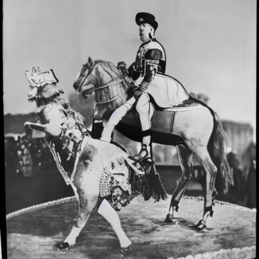 Prompt: francisco franco riding a griffin dressed as a bullfighter in the sky