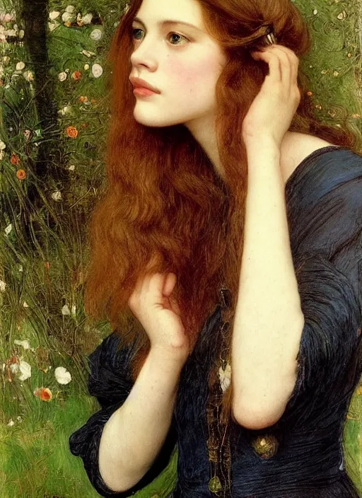 Image similar to a beautiful painting of young liv tyler by John Everett Millais and Dante Gabriel Rossetti and John Collier and john william waterhouse, pre-raphaelite, detailed, trending on artstation, hd, masterpiece