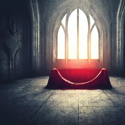 Prompt: a solitary king sitting on a crumbling throne, head in hands, in dark throne room, red carpet leading to throne, depressed, somber, film still, trending on artstation, high detail, in the style of Beeple