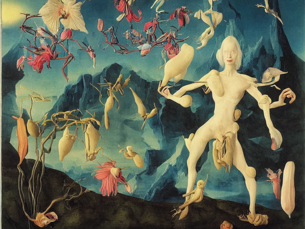 Image similar to Portrait of albino mystic with blue eyes, with exotic beautiful orchid mantis. Landscape with iceberg. Painting by Jan van Eyck, Audubon, Rene Magritte, Agnes Pelton, Max Ernst, Walton Ford