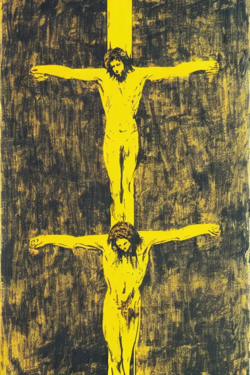 Image similar to bloody jesus christ crucified, yellow sky painted by andy warhol and cy twombly