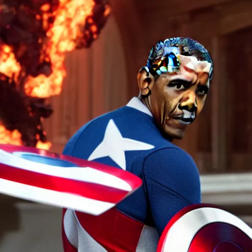 Image similar to Obama as Captain America in the Avengers, final epic scene, closeup still