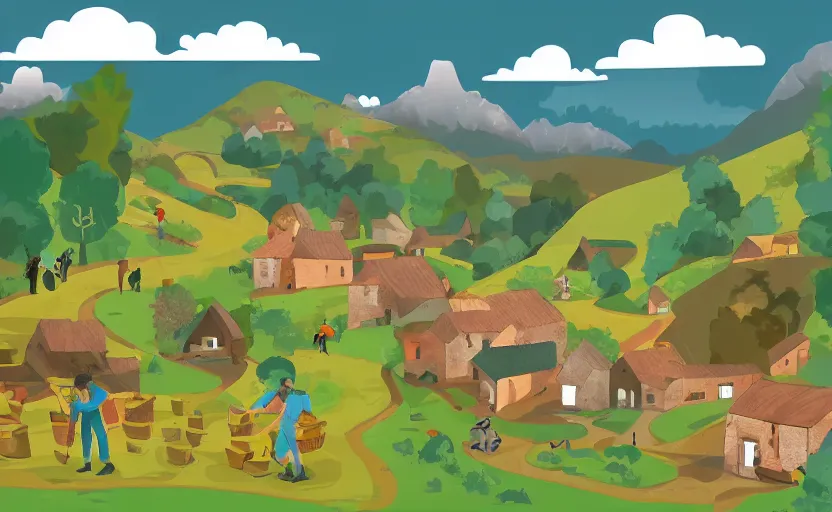 Image similar to some villagers busy farming in a small village in a valley, a dragon approaching from a distance, vector, storybook, muted colors, gouache, flat poster, sharp edges, print