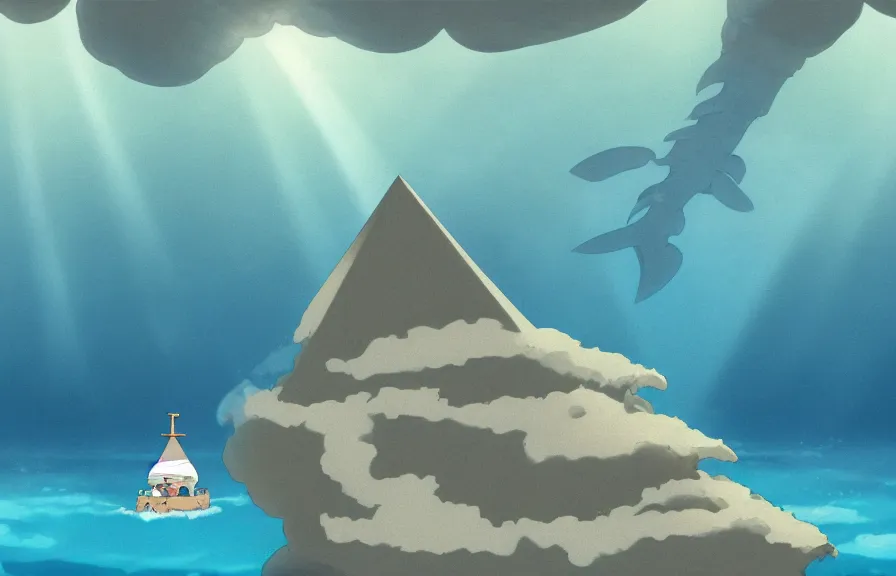 Image similar to a realistic studio ghibli cell - shaded cartoon showing an eel submarine swimming in front of a white pyramid underwater at the bottom of the sea. shafts of sunlight come from above. wide shot, very dull muted colors, hd, 4 k, hq