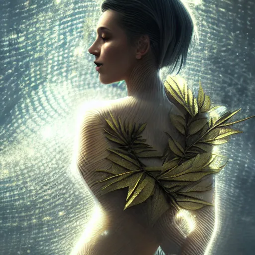 Image similar to a highly detailed digital image of a futuristic woman elegantly wrapped with leaves, artstation, extremely detailed woman, stunning volumetric lighting, hyper realism, fantasy 4k,