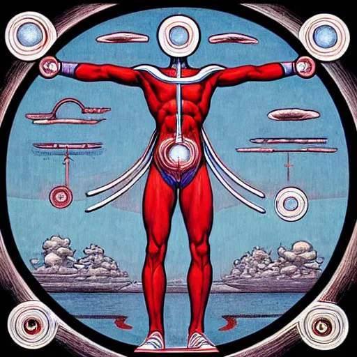 Prompt: ultraman vitruvian man bu james jean, surrealism