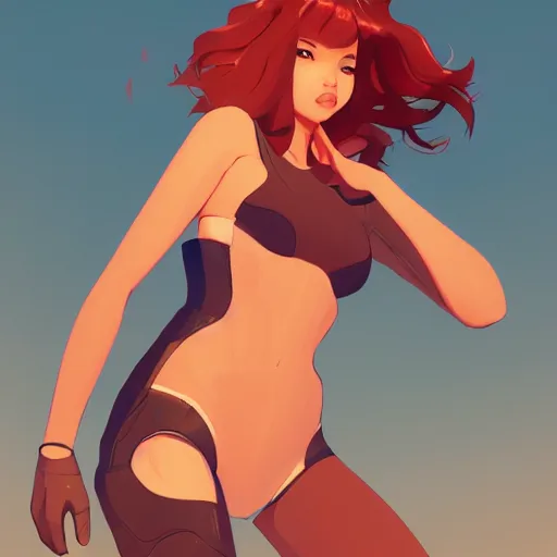 Image similar to full body character deisgn by lois van baarle, artgerm, helen huang, by makoto shinkai and ilya kuvshinov and greg rutkowski. cute russian cyborg scarlet red haired woman, steel gray body, denim shorts, jacket, wandering at beach at sunset, soft smile, 8 k ultra detailed, elegant, octane render, curvy body