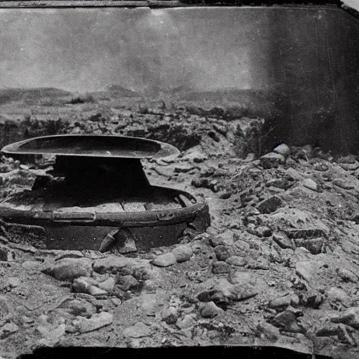 Prompt: daguerrotype of alien spaceship discovered in archeological site 1 9 0 0