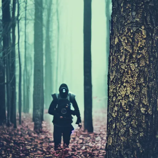 Image similar to stalker wearing a gas mask, red forest, dslr photo, film grain