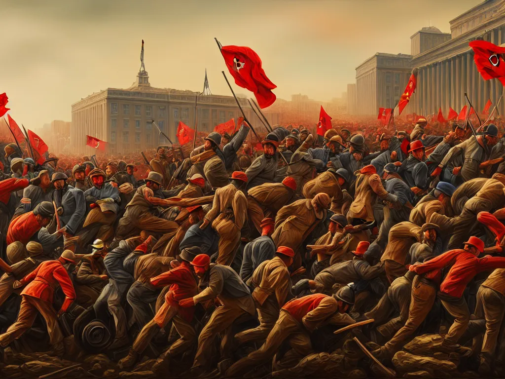 Prompt: landscape painting of the proletariat taking over the means of production in the united states, digital painting, movement, victory, loss, highly detailed, 4 k, art by miguel alandia pantoja