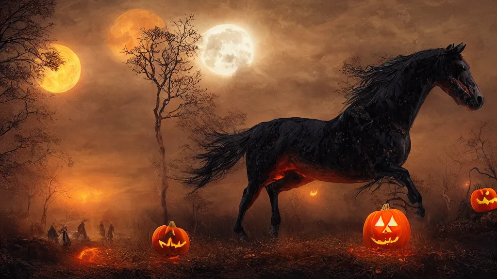 Prompt: rampant black horse with fiery eyes a headless colonial rider holds a jack - o - lantern, background gnarled trees and supermoon, in the styles of greg rutkowski, keith parkinson, and john quidor, intricate, detailed, volumetric lighting