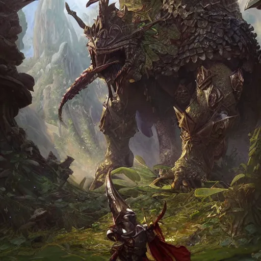 Image similar to enormous male knight wrestling an ent, ruins landscape, d & d, fantasy, intricate, highly detailed, digital painting, artstation, octane render, concept art, matte, sharp focus, illustration, hearthstone, art by artgerm and greg rutkowski and alphonse mucha