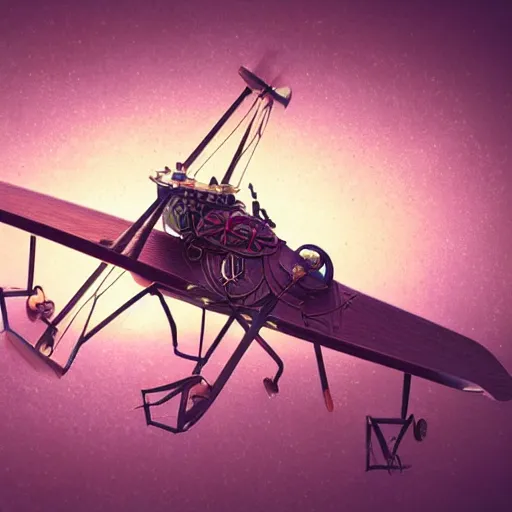 Image similar to wooden bi plane, steampunk, extreme closeup, center frame, symmetric, rim light, bioluminescence, electric, soft, concept art, intricate details, highly detailed, colorful, photorealistic, disney pixar, octane render, iridescent, anime, 8 k