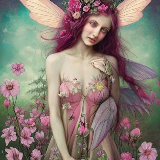 Image similar to symmetry!! a pink beautiful fairy with large wings and flowing hair is exploring her flower garden, style of tom bagshaw, extremely detailed, muted colors, negative space