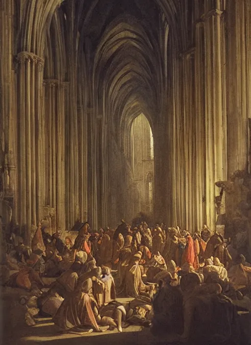 Image similar to elisabeth louise vigee - le brun painting of large crowd of medieval monks in giant in a gothic cathedral interior raising new magical glowing spirit, at dusk sun lit light, old master painting with stunning lighting and details photoreal dusk sun lit light,