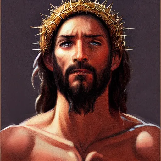 Image similar to portrait of jesus with a lizard head, crown of thorns, cross, christianity, intricate, elegant, highly detailed, centered, grungy, digital painting, artstation, concept art, smooth, sharp focus, boris vallejo