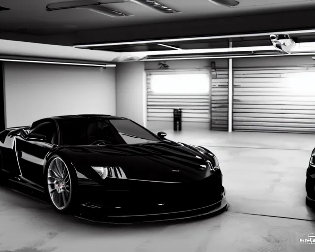 Image similar to luxury car garage, black gold aesthetic, forza horizons 5