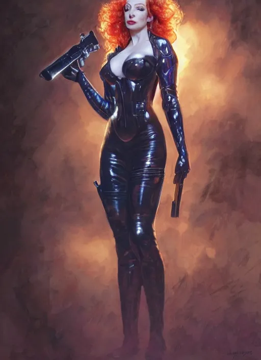 Image similar to Christina Hendricks as a muscled heroine staring into the camera, torch shadows, foggy night, intricate, elegant, highly detailed, donato giancola, Joseph Christian Leyendecker, WLOP, Boris Vallejo, Artgerm