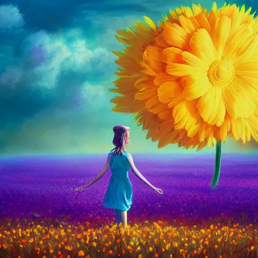 Image similar to giant daisy flower as head, girl dancing in a flower field, surreal photography, sunrise, dramatic light, impressionist painting, colorful clouds, digital painting, artstation, simon stalenhag