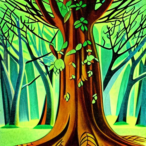 Prompt: 1960s art of tree in magic forest