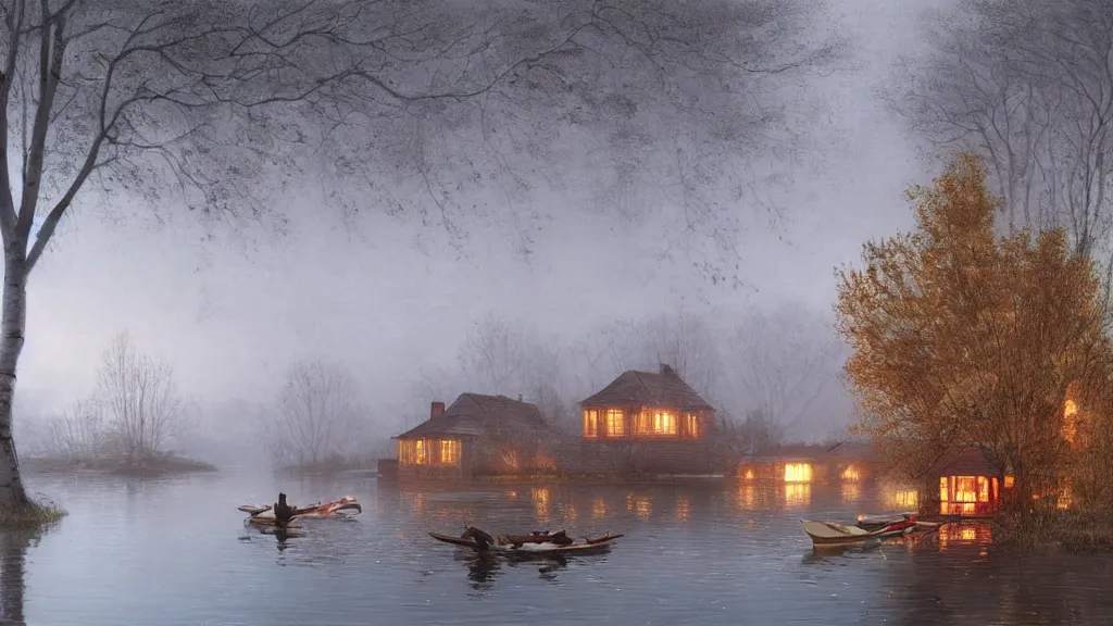 Prompt: small red wooden cottage by the lake, lanterns on the porch, smoke coming out of the chimney, dusk, birch trees, tranquility, two swans on the lake, two swans, a wooden rowing boat, by Greg Rutkowski, by Charlie Bowater