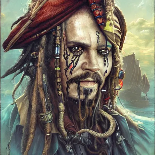 Image similar to a hyperrealistic illustration of Captain Jack Sparrow as Davy Jones, Face hybrid of Davy Jones and Jack Sparrow, Pirates of the Caribbean Ship with fractal sunlight in the Background, award-winning, masterpiece, in the style of Tom Bagshaw, Cedric Peyravernay, Peter Mohrbacher