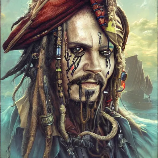 Prompt: a hyperrealistic illustration of Captain Jack Sparrow as Davy Jones, Face hybrid of Davy Jones and Jack Sparrow, Pirates of the Caribbean Ship with fractal sunlight in the Background, award-winning, masterpiece, in the style of Tom Bagshaw, Cedric Peyravernay, Peter Mohrbacher