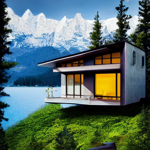 Image similar to wes anderson style modern futuristic house near the lake, snowy mountains and green forest, cinematic, realism, photo, detailed