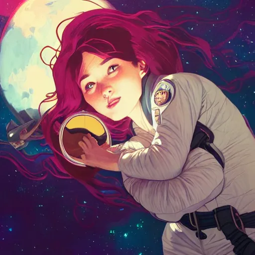 Prompt: an astronaut lost in orbit, a look of wonder on her face, ambient lighting, 4 k, lois van baarle, ilya kuvshinov, rossdraws, alphonse mucha, jung gi kim, artstation